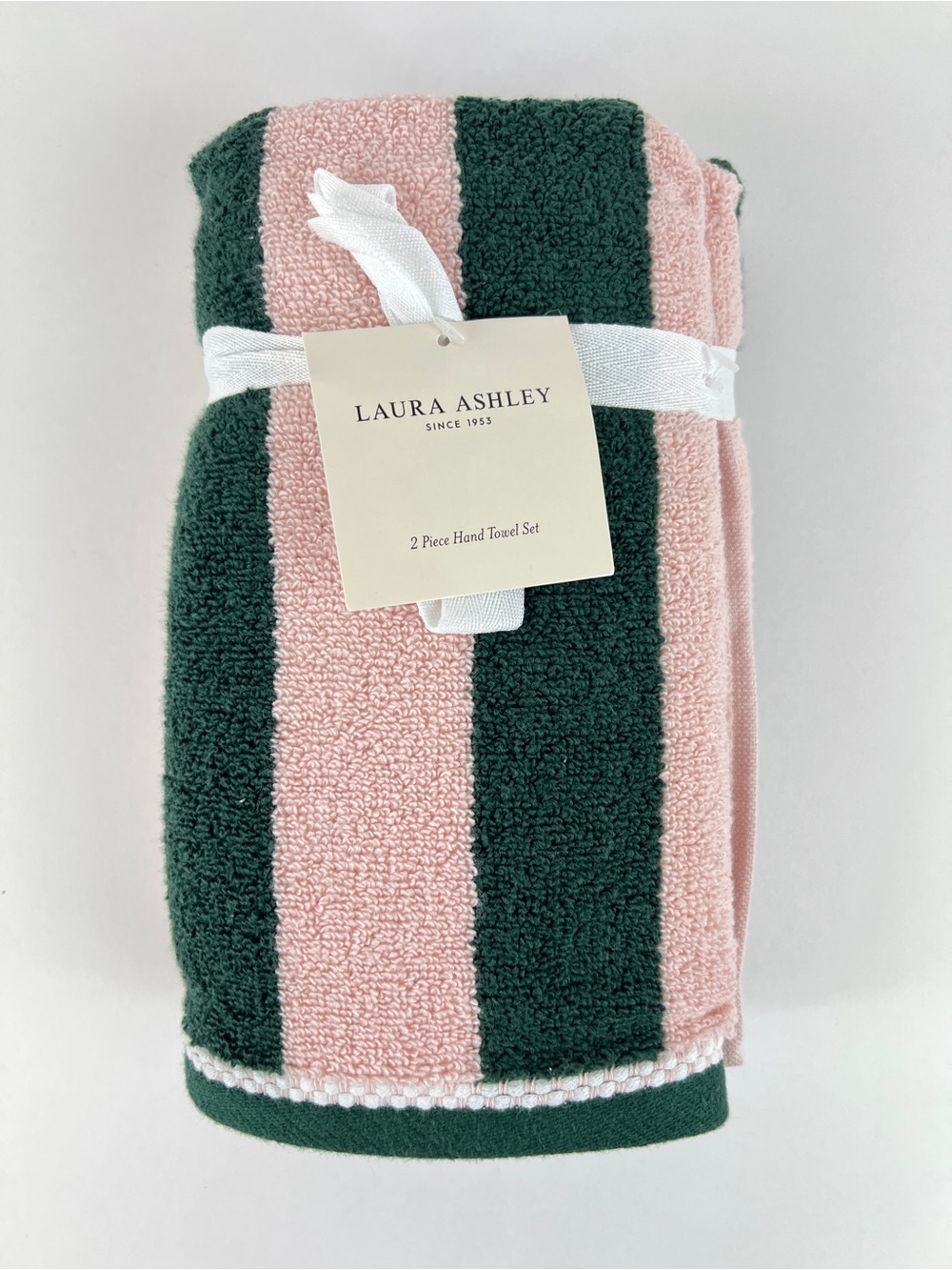 Laura Ashley Hand Towels Sunshine Stripe Pink Dark Green Soft Cotton 2 Pc NEW